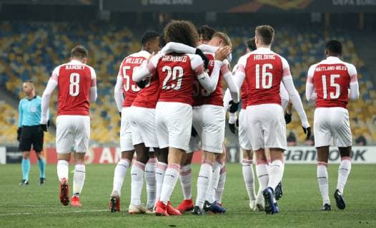 Players of Arsenal FC celebrate forward Emile Smith Rowe?s opener during the UEFA Europa League Group E Matchday 5 game against FC Vorskla Poltava at the NSC Olimpiyskiy, Kyiv, capital of Ukraine, November 29, 2018. Ukrinform. UEL: Vorskla vs Arsenal in Kyiv  Copyright: xDanilxShamkinx