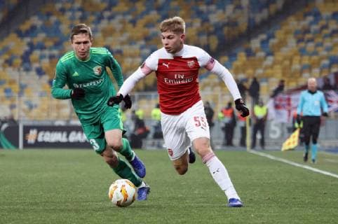 Forward Emile Smith Rowe (R) of Arsenal FC and defender Vadym Sapai of FC Vorskla Poltava are seen in action during the UEFA Europa League Group E Matchday 5 game at the NSC Olimpiyskiy, Kyiv, capital of Ukraine, November 29, 2018. Ukrinform. UEL: Vorskla vs Arsenal in Kyiv  Copyright: xDanilxShamkinx