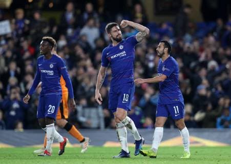 Chelsea s Olivier Giroud celebrates scoring his sides second goal during the UEFA Europa League, Group L match at Stamford Bridge Stadium, London. Picture date: 29th November 2018. Picture credit should read: David Klein Sportimage EDITORIAL USE ONLY. No use with unauthorised audio, video, data, fixture lists, club league logos or live services. Online in-match use limited to 120 images, no video emulation. No use in betting, games or single club league player publications. A54I7381.JPG