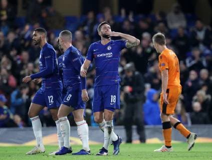 Chelsea s Olivier Giroud celebrates scoring his sides second goal during the UEFA Europa League, Group L match at Stamford Bridge Stadium, London. Picture date: 29th November 2018. Picture credit should read: David Klein Sportimage EDITORIAL USE ONLY. No use with unauthorised audio, video, data, fixture lists, club league logos or live services. Online in-match use limited to 120 images, no video emulation. No use in betting, games or single club league player publications. A54I7350.JPG
