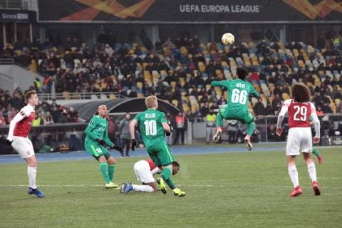 Midfielder Matteo Guendouzi of Arsenal FC, defender Artur and forward Vladyslav Kulach of FC Vorskla Poltava (R to L) are seen in action during the UEFA Europa League Group E Matchday 5 game at the NSC Olimpiyskiy, Kyiv, capital of Ukraine, November 29, 2018. Ukrinform. UEL: Vorskla vs Arsenal in Kyiv  Copyright: xHennadiixMinchenkox