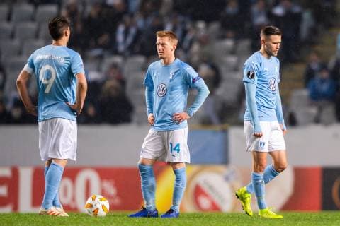 181129 Markus Rosenberg, Anders Christiansen and Arn?r Ingvi Traustason of Malmö FF looks dejected during the Europa league match between Malmö FF and Genk on November 29, 2018 in Malmö. Photo: Petter Arvidson BILDBYRN kod PA 92161  Copyright: PETTERxARVIDSON BB181129PA034