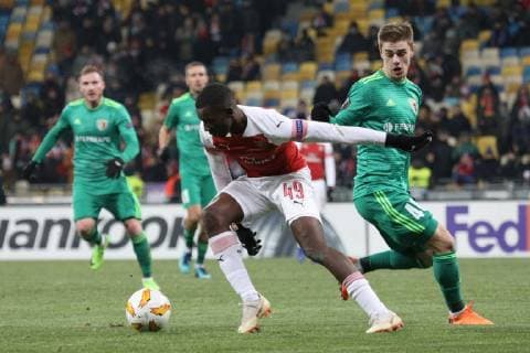 Forward Eddie Nketiah (L) of Arsenal FC and midfielder Taras Sakiv of FC Vorskla Poltava are seen in action during the UEFA Europa League Group E Matchday 5 game at the NSC Olimpiyskiy, Kyiv, capital of Ukraine, November 29, 2018. Ukrinform. UEL: Vorskla vs Arsenal in Kyiv  Copyright: xDanilxShamkinx