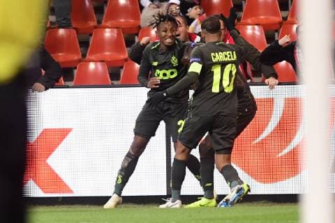 Standard s Moussa Djenepo celebrates after scoring a goal during the match between Belgian soccer team Standard de Liege and Spanish club Sevilla, in Liege, Thursday 29 November 2018 on the fifth day of the UEFA Europa League group stage, in group J. LAURIExDIEFFEMBACQ  x05479611x