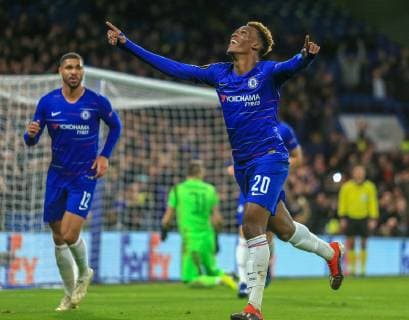 Chelsea v PAOK UEFA Europa League Callum Hudson-Odoi of Chelsea celebrates his goal during the UEFA Europa League match at Stamford Bridge, London Content Not Available For UK Newspapers Copyright: xStevexO Sullivanx FIL-12621-0040