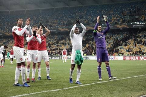 Players of Arsenal FC celebrate upon winning 3-0 in the UEFA Europa League Group E Matchday 5 game against FC Vorskla Poltava at the NSC Olimpiyskiy, Kyiv, capital of Ukraine, November 29, 2018. Ukrinform. UEL: Vorskla vs Arsenal in Kyiv  Copyright: xHennadiixMinchenkox