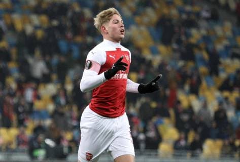 November 29, 2018 - Poltava, Ukraine - Arsenal s Emile Smith Rowe celebrates the goal scored during the Europa League match between Vorskla and Arsenal at the Olympic Stadium in Kiev. Ukraine, Thursday, November 29, 2018 Vorskla Poltava v Arsenal - UEFA Europa League - Group E  - ZUMAn230 20181129_zaa_n230_298 Copyright: xDanilxShamkinx