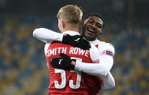 November 29, 2018 - Poltava, Ukraine - Arsenal s Emile Smith Rowe celebrates the goal scored during the Europa League match between Vorskla and Arsenal at the Olympic Stadium in Kiev. Ukraine, Thursday, November 29, 2018 Vorskla Poltava v Arsenal - UEFA Europa League - Group E  - ZUMAn230 20181129_zaa_n230_299 Copyright: xDanilxShamkinx