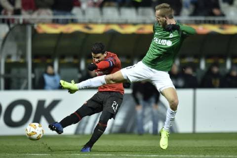 L-R BENJAMIN ANDRE (Rennes) and MILOS KRATOCHVIL (Jablonec) in action during the UEFA Europa League, Group K, match between FK Jablonec and Stade Rennes FC, in Jablonec nad Nisou, Czech Republic, on November 29, 2018. (CTKxPhoto RadekxPetrasek) CTKPhotoP201811291159201  _PER7299