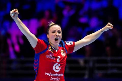 181130 Katarina Krpez Slezak of Serbia celebrates during the EHF European WomenÕs Handball Championship match between Serbia and Poland on November 30, 2018 in Nantes. Photo: Ludvig Thunman BILDBYRN kod LT 35556  Copyright: LUDVIGxTHUNMAN BB181130LT083