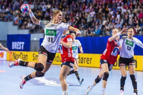 Brest France 01 December 2018 EHF EM 2018 Women Norway vs Germany vs. Xenia Smits Germany Metz Malin Aune Norway Julia Behnke Germany Metzingen Brest Arena Brest France