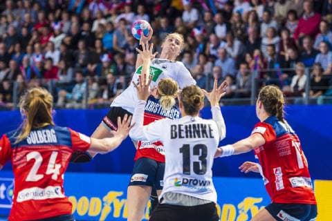 Brest France 01 December 2018 EHF EM 2018 Women Norway vs. Germany vs. Sanna Charlotte Solberg Norway Emily Boelk Bölk Germany Thuringia HC Veronica Egebakken Kristiansen Norway Julia Behnke Germany Metzingen Brest Arena Brest France