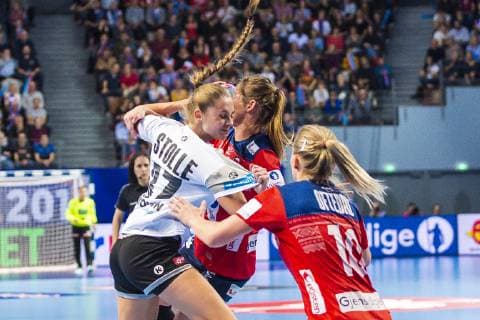 Brest France 01 December 2018 EHF EM 2018 Women Norway vs Germany v li Alicia Stolle Germany Thueringer HC Stine Bredal Oftedal Norway Brest Arena Brest France