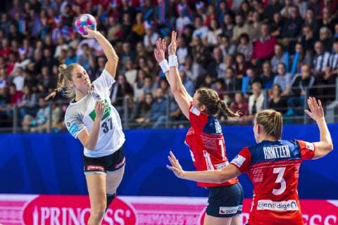 Brest France 01 December 2018 EHF EM 2018 Women Norway vs Germany v li Alicia Stolle Germany Thueringer HC Kari Brattset Norway Emilie Hegh Arntzen Norway Brest Arena Brest France