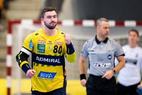 181201 Rhein-Neckar Löwens Jannik Kohlbacher jublar under handbollsmatchen i Champions League mellan IFK Kristianstad och Rhein Neckar Löwen den 1 december 2018 i Kristianstad.  Copyright: AvdoxBilkanovic BB181201AB053