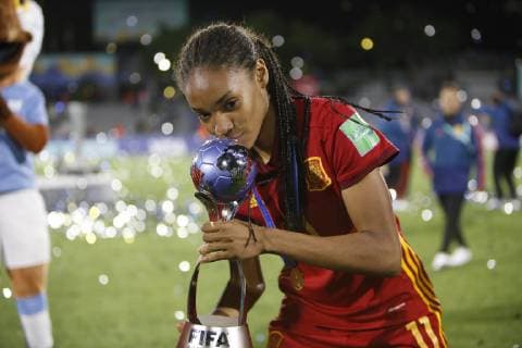 Spain s player Salma Paralluelo celebrates after winning the Women s Under 17 World Cup final match between Spain and Mexico, in Montevideo, Uruguay, 01 December 2018. Spain vs. Mexico !ACHTUNG: NUR REDAKTIONELLE NUTZUNG!  Copyright: xFedericoxAnfittix AME4135 20181202-636793204139628808