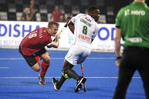 BHUBANESWAR, INDIA - DECEMBER 02 : Johnston Gordon of Canada, Nduduza Lembethe of South Africa HOCKEY SUR GAZON : Coupe du monde - Canada vs afique du sud - Bhubaneswar - 02 12 2018 PhotoNews Panoramic 