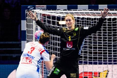 181202 Katarina Krpez Slezak of Serbia against goalkeeper Johanna Bundsen of Sweden during the EHF European Women?s Handball Championship match between Sweden and Serbia on December 2, 2018 in Nantes. Photo: Ludvig Thunman BILDBYRAN kod LT 35559  Copyright: LUDVIGxTHUNMAN BB181202LT062