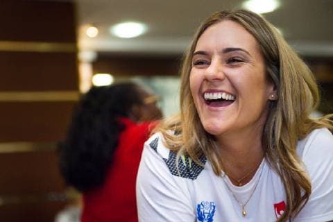 181203 Sabina Jacobsen of Sweden is interviewed by the media during a press meeting with the national team Nationalteam of Sweden during the EHF European WomenÕs Handball Championship on December 3, 2018 in Nantes. Photo: Ludvig Thunman BILDBYRN kod LT 35560  Copyright: LUDVIGxTHUNMAN BB181203LT001