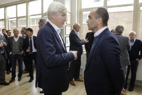 Marc Brys and Belgium s head coach Roberto Martinez pictured during the eighth edition of the Raymond Goethals award, for the coach whose style was the closest to the style of Raymond Goethals, Monday 03 December 2018, in Brussels. THIERRYxROGE  x05481830x