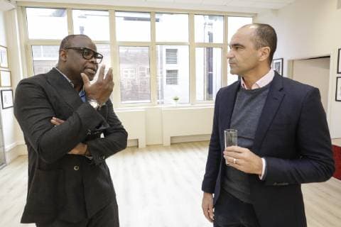 Basile Boli and Belgium s head coach Roberto Martinez pictured during the eighth edition of the Raymond Goethals award, for the coach whose style was the closest to the style of Raymond Goethals, Monday 03 December 2018, in Brussels. THIERRYxROGE  x05481832x