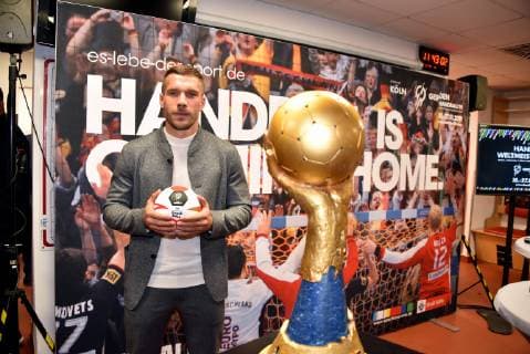 Lukas Podolski Football World Champion and Ambassador of the Handball World Cup 2019 on 03 12 2018 in Cologne at the press conference for the Handball World Cup 2019 in the booth of the German national handball team of the World Cup 2007 The main round matches as well as the Presidents Cup of the Handball World Cup 2019 will be played in Cologne from 19 to 23 January 2019