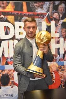 Lukas Podolski Football World Champion and Ambassador of the Handball World Cup 2019 on 03 12 2018 in Cologne at the press conference for the Handball World Cup 2019 in the booth of the German national handball team of the World Cup 2007 The main round matches as well as the Presidents Cup of the Handball World Cup 2019 will be played in Cologne from 19 to 23 January 2019
