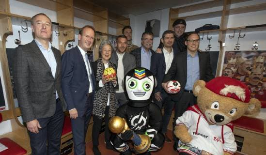 Press Conference Handball WM 2019 Cabin Lanxess Arena Cologne Germany Date 03 12 2018 From left Oliver Gap Stefan Holes Dr Agnes Klein Lukas Podolski Carsten Lichtlein Heiner Brand Henning Fritz Janus Fröhlich Mark Schober
