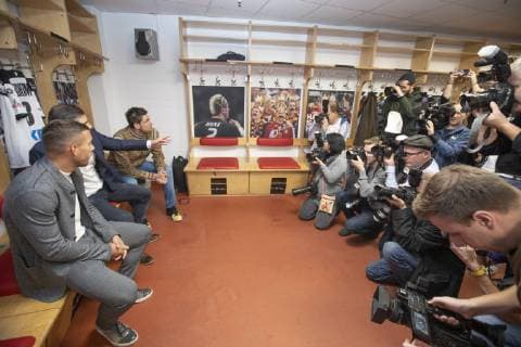 Press Conference Handball WM 2019 Cabin Lanxess Arena Cologne Germany Date 03 12 2018 Links Lukas Podolski Middle Henning Fritz Right Carsten Lichtlein