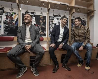 Press Conference Handball WM 2019 Cabin Lanxess Arena Cologne Germany Date 03 12 2018 Links Lukas Podolski Middle Henning Fritz Right Carsten Lichtlein
