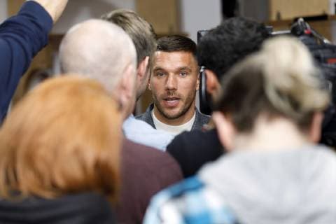 Lukas Podolski at the press conference for the Handball World Cup 2019 Handball Is Coming Home in the 2007 World Cup cabin in the Lanxess Arena Cologne 03 12 2018 Foto:xC.xHardtx xFuturexImage