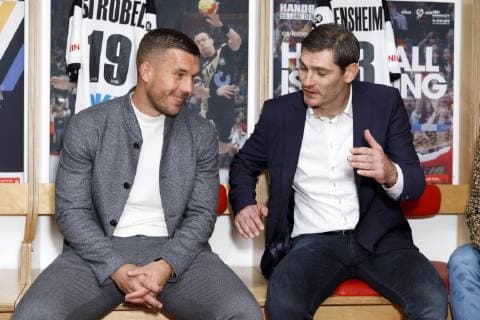 Henning Fritz and Lukas Podolski at the press conference for the Handball World Cup 2019 Handball Is Coming Home in the 2007 World Cup booth in the Lanxess Arena Cologne 03 12 2018 Foto:xC.xHardtx xFuturexImage