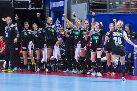 handball women european championship germany Romania preliminary round group D 2 matchday in the brest arena the team of germany cheering joy emotion brest arena brest france