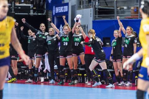 handball women european championship germany Romania preliminary round group D 2 matchday in the brest arena the team of germany cheering joy emotion brest arena brest france