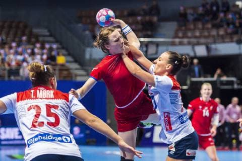 Handball Womens European Championship Czech Republic vs Norway Preliminary Round Group D 2 Matchday in the Brest Arena v left in the total Helena Rysankova Czech Republic and Henny Ella Reistad Norway Brest Arena Brest France