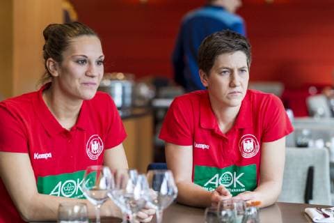 Brest France 04 December 2018 EHF EM 2018 Media Day Julia Behnke Germany Metzingen Ina Grossmann Germany Thueringer HC Brest France