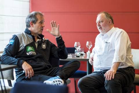 Brest France 04 December 2018 EHF EM 2018 Media Day v li Trainer Henk Groener Germany and DHB President Andreas Michelmann talking Brest France