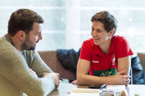 Brest France 04 December 2018 EHF EM 2018 Media Day Ina Grossmann Germany Thueringer HC in interview with Handball Week Brest France