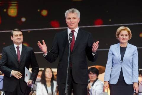MOSCOW, RUSSIA â€“ DECEMBER 4, 2018: Russian Presidential Aide Igor Levitin, Russia s Minister Pavel Kolobkov, and Russia s Deputy Prime Minister Olga Golodets (L-R) at a ceremony to present the 2018 Russian national sport prize at the office of the Ministry of Sport of Russia. Vladimir Gerdo TASS  TS099C75