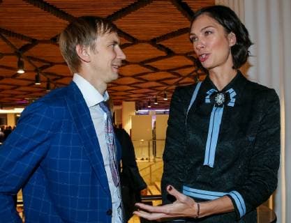 MOSCOW, RUSSIA â€“ DECEMBER 4, 2018: All-Russian Athletics Federation First Vice President Andrei Silnov (L) and Russian former volleyball player Yekaterina Gamova at a ceremony to present the 2018 Russian national prize at the office of the Ministry of Sport of Russia. Vladimir Gerdo TASS  TS099C7D