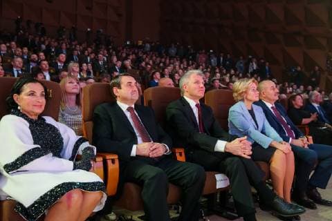 MOSCOW, RUSSIA â€“ DECEMBER 4, 2018: Irina Viner-Usmanova, chief coach of Russia s national Rhythmic gymnastics Rhythmische Sportgymnastik RSG team and head of the Russian Rhythmic Gymnastics Federation, Russian Presidential Aide Igor Levitin, Russia s Minister Pavel Kolobkov, Russia s Deputy Prime Minister Olga Golodets, and Russian national football team head coach Stanislav Cherchesov (L-R) at a ceremony to present the 2018 Russian national sport prize at the office of the Ministry of Sport of Russia. Vladimir Gerdo TASS  TS099CEB