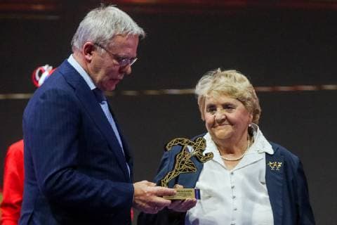 MOSCOW, RUSSIA â€“ DECEMBER 4, 2018: Vyacheslav Fetisov (L), a State Duma member and retired Soviet Ice hockey Eishockey defenceman, and retired fencer and five-time Olympic medalist Galina Gorokhova at a ceremony to present the 2018 Russian national prize at the office of the Ministry of Sport of Russia. Vladimir Gerdo TASS  TS099D0C