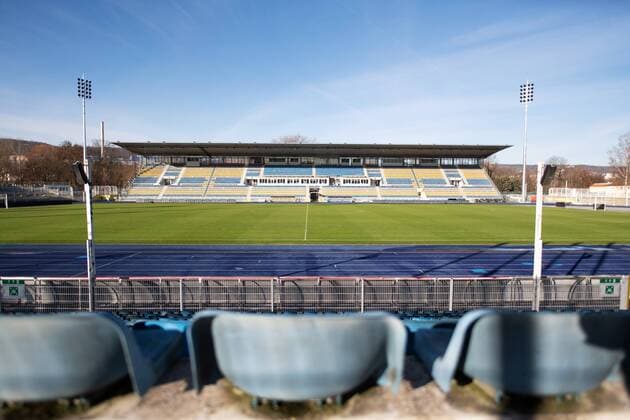 Ernst Abbe Sportfeld Jena Home game stadium of FC Carl Zeiss Jena on 5 12 2018 View of the main stand from the back straight Ernst Abbe Sportfeld