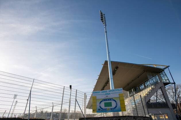 Ernst Abbe Sportfeld Jena FC Carl Zeiss Jena home game stadium on 5 12 2018 View of the main stand with one of the new floodlight poles Ernst Abbe Sportfeld