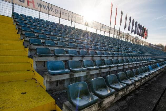 Ernst Abbe Sportfeld Jena Home game stadium of FC Carl Zeiss Jena on 5 12 2018 View of the ailing back straight seat shells in the stadium Ernst Abbe Sportfeld