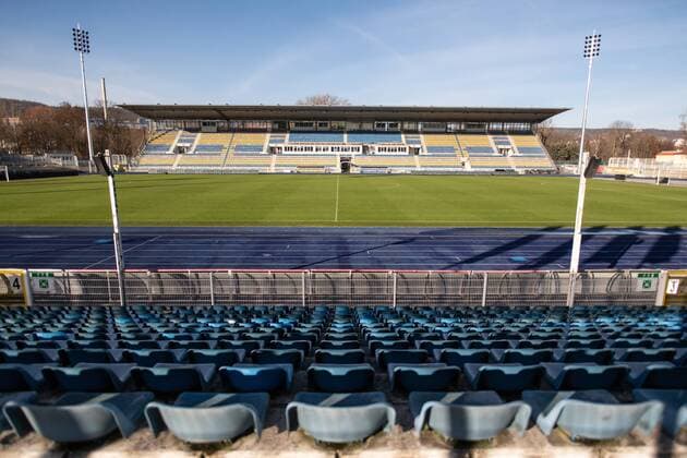 Ernst Abbe Sportfeld Jena Home game stadium of FC Carl Zeiss Jena on 5 12 2018 View of the main stand from the back straight Ernst Abbe Sportfeld