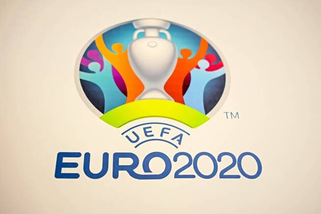 Fußball, EURO 2020 Logo Official logo UEFA EURO EM Europameisterschaft Fussball 2020 Official logo UEFA EURO 2020 printed on banner during press conference PK Pressekonferenz on the occasion of the draw. Kyiv Kyiv Ukraine  AleksandrxGusev PacificxPress