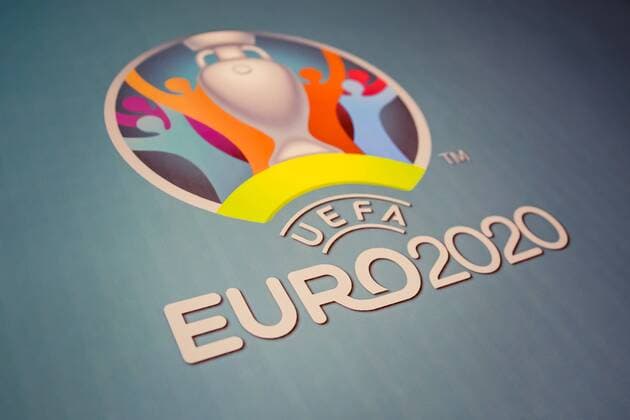 Fußball, EURO 2020 Logo Official logo UEFA EURO EM Europameisterschaft Fussball 2020 Official logo UEFA EURO 2020 printed on banner during press conference PK Pressekonferenz on the occasion of the draw. Kyiv Kyiv Ukraine  AleksandrxGusev PacificxPress