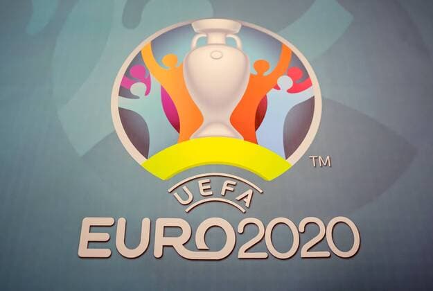 Fußball, EURO 2020 Logo Official logo UEFA EURO EM Europameisterschaft Fussball 2020 Official logo UEFA EURO 2020 printed on banner during press conference PK Pressekonferenz on the occasion of the draw. Kyiv Kyiv Ukraine  AleksandrxGusev PacificxPress
