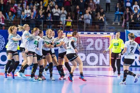 handball women european championship germany czech republic preliminary round group D 3 matchday in brest arena team of germany final cheer final cheer emotion joy brest arena brest france